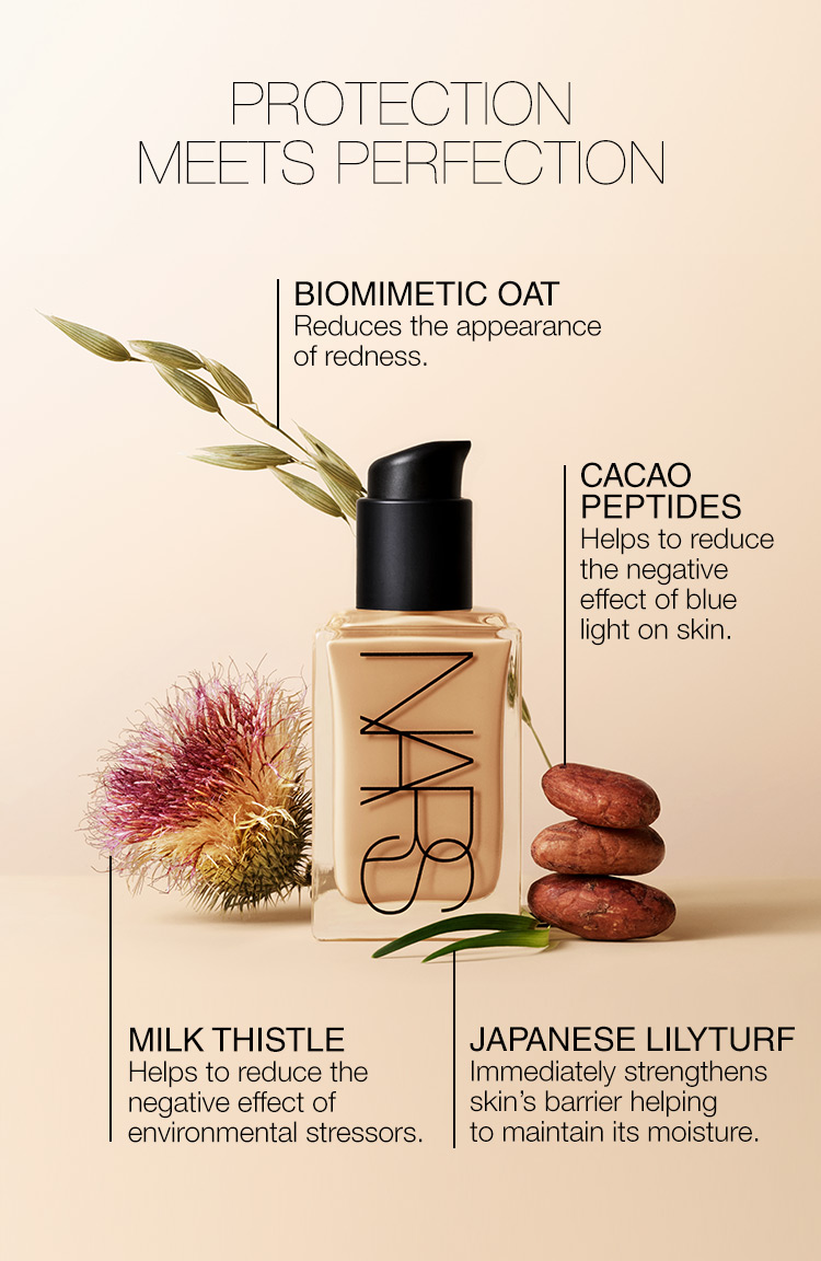 PROTECTION MEETS PERFECTION - BIOMIMETIC OAT Reduces the appearance of redness ; CACAO PEPTIDES Helps to reduce the negative effect of blue light on skin ; CACAO PEPTIDES Helps to reduce the negative effect of blue light on skin ; JAPANESE LILYTURF Immediately strengthens skin’s barrier helping to maintain its moisture.